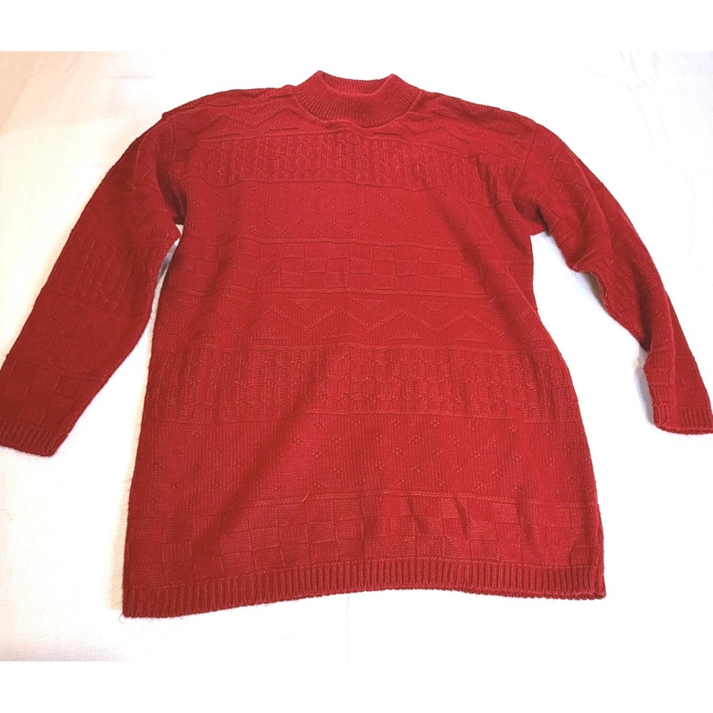 Vintage Classic Red Mock Neck Textured Knit Sweater Long Sleeve Casual Everyday